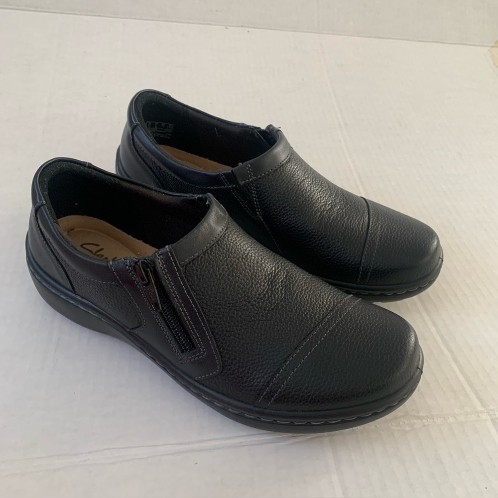 Clarks Womens Loafer Cora Giny Slip On Black Tumbled Smooth Leather Size 8M